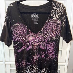 Vintage Sinful Affliction Women’s Baby Tshirt Tee Purple XL Leopard Rhinestones